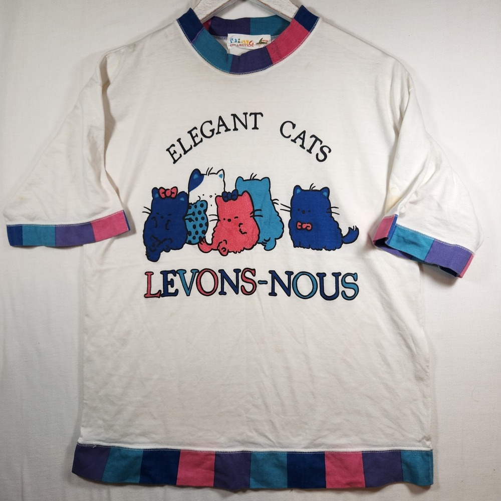 Vintage HING Elegant Cats Levons-Nous Graphic T-Shirt White Colorblock 90s Large